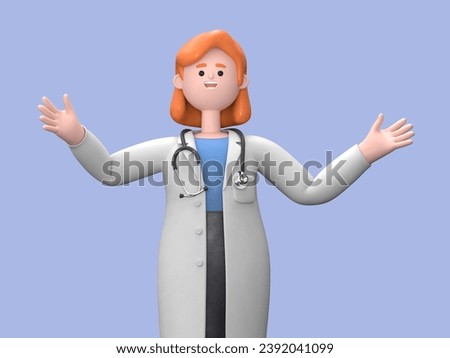 3D illustration of Female Doctor Nova shows inviting gesture. Happy professional caucasian male specialist.Medical presentation clip art isolated on blue background.
