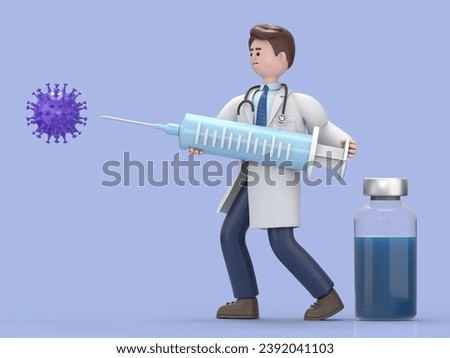 3D illustration of Male Doctor Lincoln fights Coronavirus infection. Vaccine against covid-19 virus inside big syringe.Medical presentation clip art isolated on blue background.
