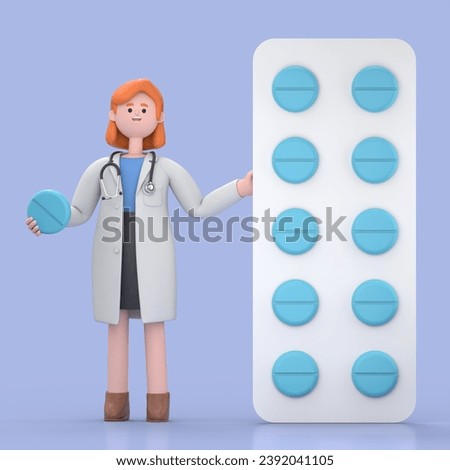 3D illustration of Female Doctor Nova stands near the big pack of yellow pills. Pharmacist holding one round pill.Medical presentation clip art isolated on blue background.

