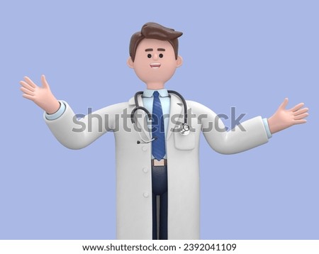 3D illustration of Male Doctor Lincoln shows inviting gesture. Happy professional caucasian male specialist.Medical presentation clip art isolated on blue background.
