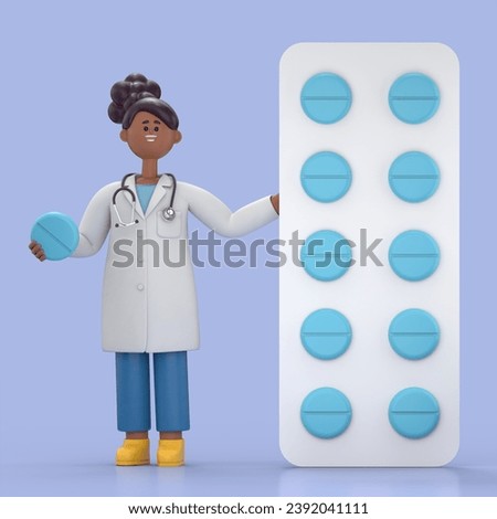 3D illustration of Female Doctor Juliet stands near the big pack of yellow pills. Pharmacist holding one round pill.Medical presentation clip art isolated on blue background.
