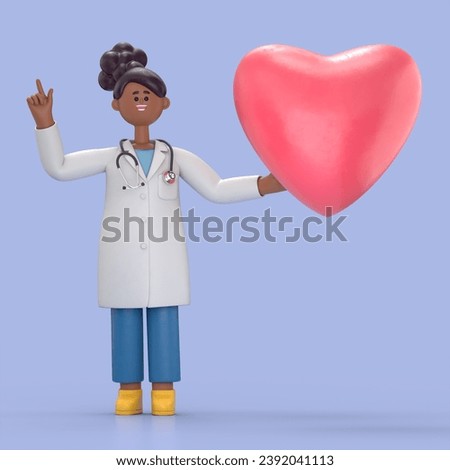 3D illustration of Female Doctor Juliet with heart shape.Medical presentation clip art isolated on blue background.
