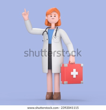 3D illustration of Female Doctor Nova holds red case first aid kit.Medical presentation clip art isolated on blue background.
