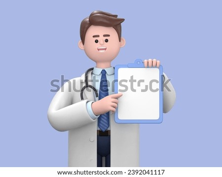 3D illustration of Male Doctor Lincoln holds blue clipboard with blank document.Health insurance. Professional therapist, hospital assistant.Medical presentation clip art isolated on blue background.
