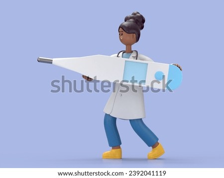 3D illustration of Female Doctor Juliet holds big thermometer,  Blank mockup with copy space.Medical presentation clip art isolated on blue background.
