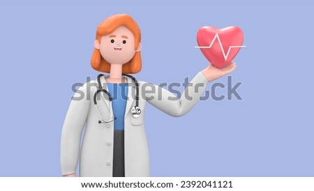 3D illustration of Female Doctor Nova. Cardiologist shows red heart symbol. Medical application concept.Medical presentation clip art isolated on blue background.
