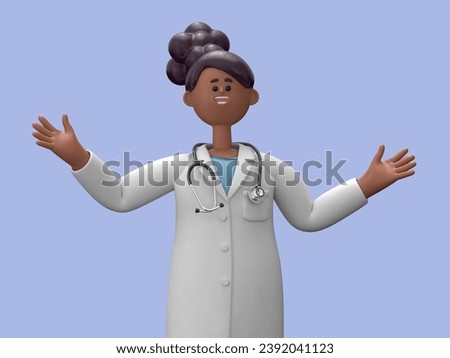 3D illustration of Female Doctor Juliet shows inviting gesture. Happy professional caucasian male specialist.Medical presentation clip art isolated on blue background.
