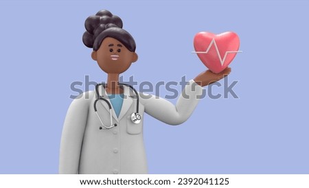 3D illustration of Female Doctor Juliet. Cardiologist shows red heart symbol. Medical application concept.Medical presentation clip art isolated on blue background.
