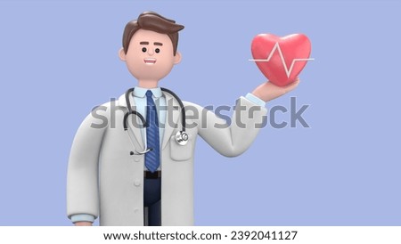3D illustration of Male Doctor Lincoln. Cardiologist shows red heart symbol. Medical application concept.Medical presentation clip art isolated on blue background.
