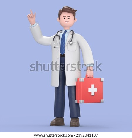 3D illustration of Male Doctor Lincoln holds red case first aid kit.Medical presentation clip art isolated on blue background.
