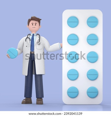 3D illustration of Male Doctor Lincoln stands near the big pack of yellow pills. Pharmacist holding one round pill.Medical presentation clip art isolated on blue background.

