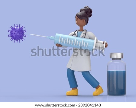 3D illustration of Female Doctor Juliet fights Coronavirus infection. Vaccine against covid-19 virus inside big syringe.Medical presentation clip art isolated on blue background.
