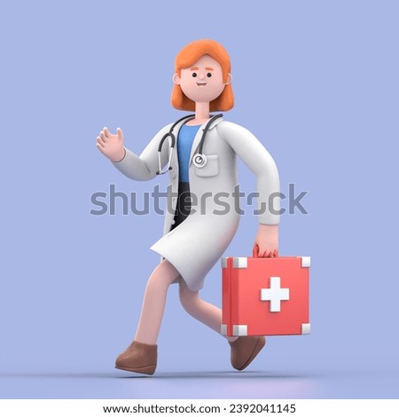 3D illustration of Female Doctor Nova runs.Medical presentation clip art isolated on blue background.

