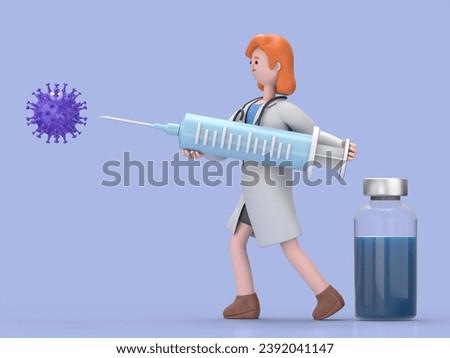 3D illustration of Female Doctor Nova fights Coronavirus infection. Vaccine against covid-19 virus inside big syringe.Medical presentation clip art isolated on blue background.
