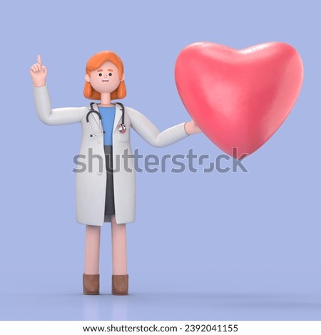 3D illustration of Female Doctor Nova with heart shape.Medical presentation clip art isolated on blue background.
