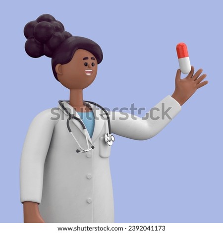 3D illustration of Female Doctor Juliet holds pill. Pharmaceutical consultation. Hospital assistant.Medical presentation clip art isolated on blue background.

