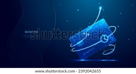 Abstract bank card with neon swoosh with percentage and time icon. Deposit or cash back concept. Digital money, online payment, and credit cards in light blue neon on a technology background. Vector
 Royalty-Free Stock Photo #2392042655