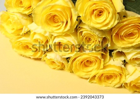 Beautiful bouquet of yellow roses on beige background, above view