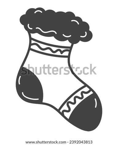 Christmas element of black line set. This charming image in a black outline style, showcasing a classic Christmas sock. Vector illustration.