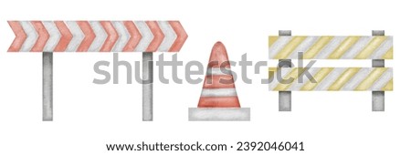Traffic Cone and Roadblock set. Watercolor illustration of road fencing. Hand drawn clip art of barrier and guardrail on isolated background. Drawing of street barricade for roadwork.