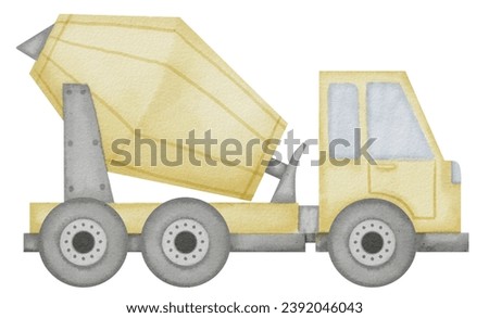 Concrete Mixer Watercolor illustration. Hand drawn clip art of baby toy yellow Cement blender on isolated background. Truck drawing for prints on a boys t-shirt. Construction vehicle sketch.