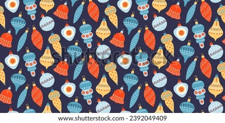 Seamless pattern of hand drawn vintage baubles. Colored christmas toys with ornaments. Flat vector illustration. Royalty-Free Stock Photo #2392049409