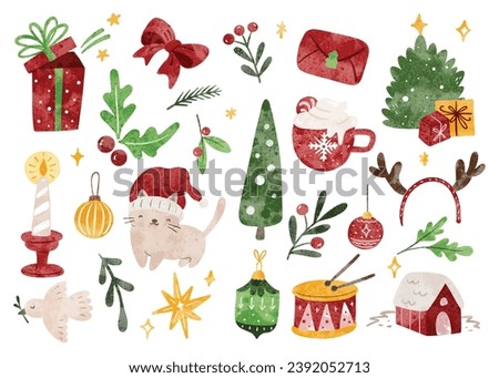 Hand Drawn Christmas Doodle, Christmas Celebration Related Object in Watercolor Style Illustration