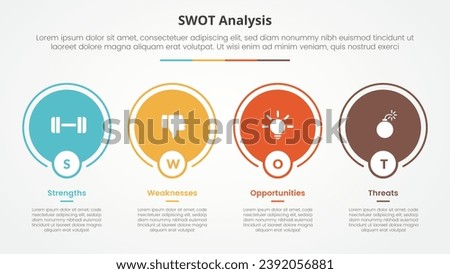 swot business framework strategic template infographic concept for slide presentation with big circle outline on horizontal direction with 4 point list with flat style