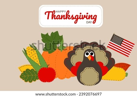 Thanksgiving day patchwork style symbols: turkey, pumpkin, corn, zukkini, apple, usa flag. Harvest vector illustration isolated  beige background for poster, label, flyer, invitation, festival design