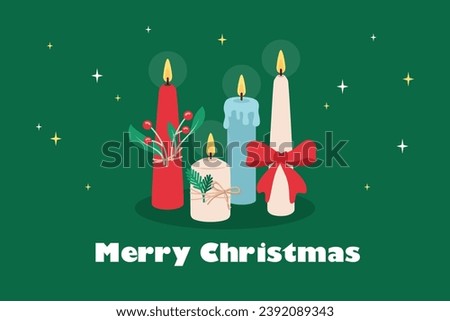 Christmas candles greeting card with lettering in flat style. 