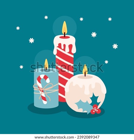 Winter Christmas cozy candles with candy cane, red berries. Illustration in flat style.