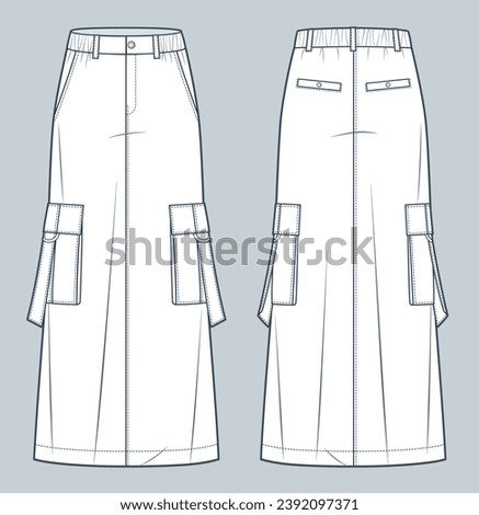 Cargo Long Skirt technical fashion illustration. A-Line Skirt fashion flat technical drawing template, maxi length, pockets, elastic waist, front and back view, white, women Skirts CAD mockup.  Royalty-Free Stock Photo #2392097371
