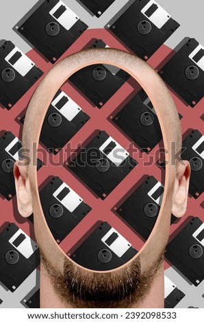 Digital collage in surrealism style with head of a man and floppy disk on background