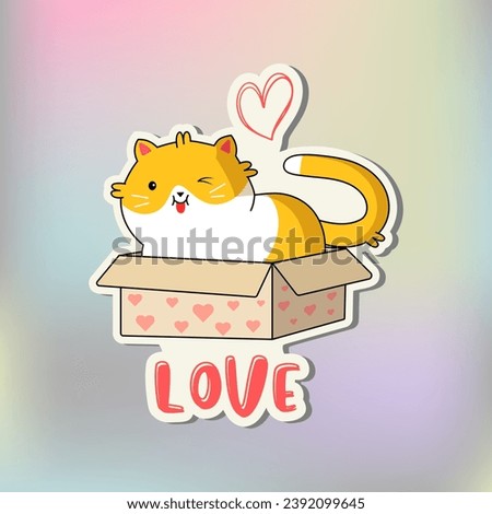 Funny cat sticker love. Cute Kawaii Cat in box. Cartoon cat sticker design. Adorable kawaii animal.