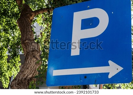 Close up blue and white parking sign with arrow. Tree in background with copy space