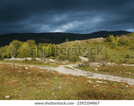 Storm clouds and evening sun over an autumnal mountain meadow in Croatia.