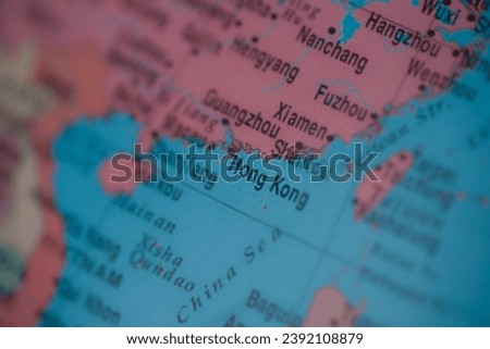Hong Kong on political map of globe, travel concept, selective focus, background