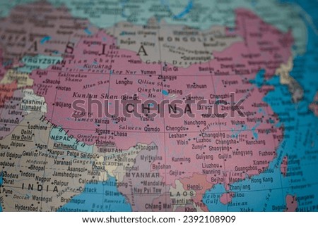 China on political map of globe, travel concept, selective focus, background