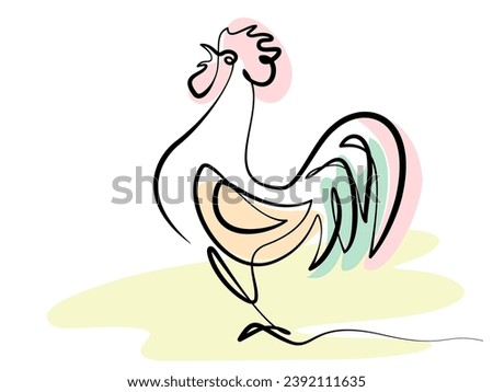 Rooster logo icon. Continuous one line art drawing style. Black linear sketch isolated on white background. Vector illustration.  Hand drawn