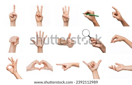 Collection of hands showing gestures such as ok, peace, heart shape, thumb up, point to object, shaka, holding magnifying glass, writing isolated on a white background. Creative collage. Modern design