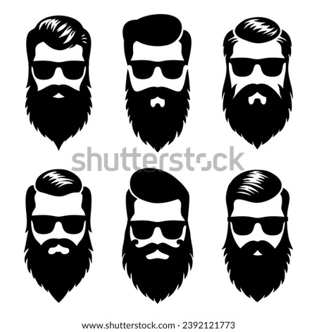 Set bearded hipster men faces with glasses, different haircuts, mustaches, beards. Trendy man avatar, silhouettes, heads, emblems, icons, labels. Barber shop vector illustration Royalty-Free Stock Photo #2392121773