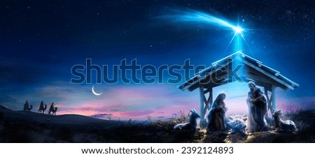 Nativity Of Jesus Christ - Comet Star And Stable - Scene With The Holy Family In Desert At Night - Abstract Defocused Background