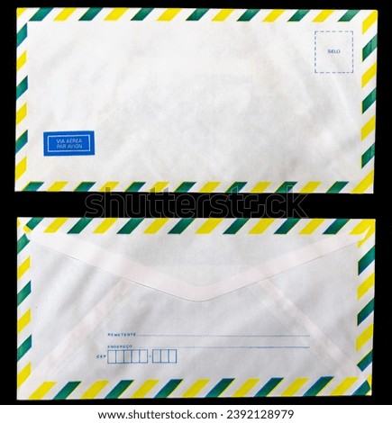 Traditional and vintage Brazilian letter envelope, known as "via aerea" "par avion" envelopes, green and yellow in the color symbol of the Brazilian flag