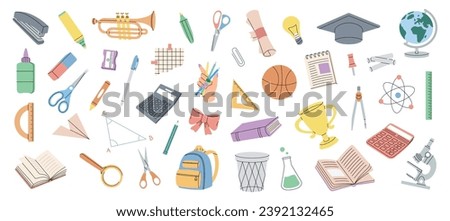 School supplies. Back to school. Graduation cap, basketball ball, microscope, test tube, pencil, paper clip, globe, scissors, ruler scale, calculator.