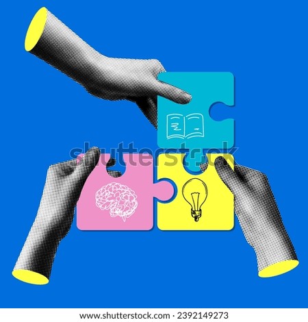 Modern collage with halftone hands holding a puzzle. Team building concept. People holding a pieces of jigsaw. Teamwork. Team communication. Joint cooperation. Idea generation. Newspaper elements
