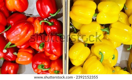 Red bell peppers in box market, yellow bell pepper Set of fresh red pepper Peprika. pepper red.sweet red peppers.top view, fresh bell peppers, fruit background images, group bell peppers, vegetables