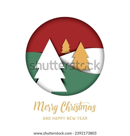 pine christmas on circle paper art design vector in red, green, white and gold color