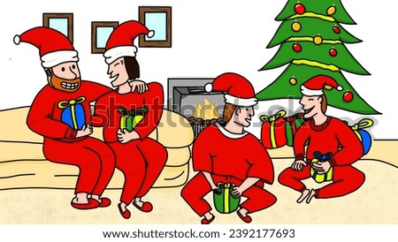 illustration of a family celebrating Christmas in the family room