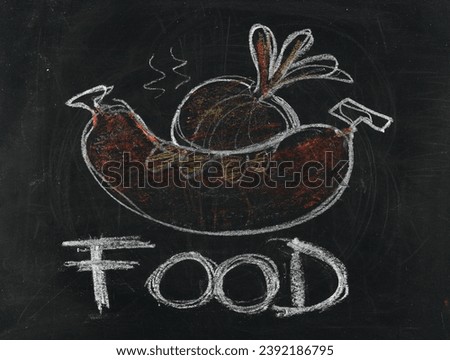 Icon food, hot dogs and onions hand draw chalk on chalkboard, blackboard texture