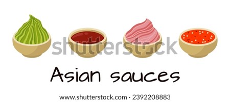 Asian sauces vector set. Pickled ginger, wasabi paste, sriracha, soy sauce. Salty and spicy condiments for sushi, seafood. Tasty hot gravies in wooden saucer. Flat cartoon clipart for print, menu, web Royalty-Free Stock Photo #2392208883